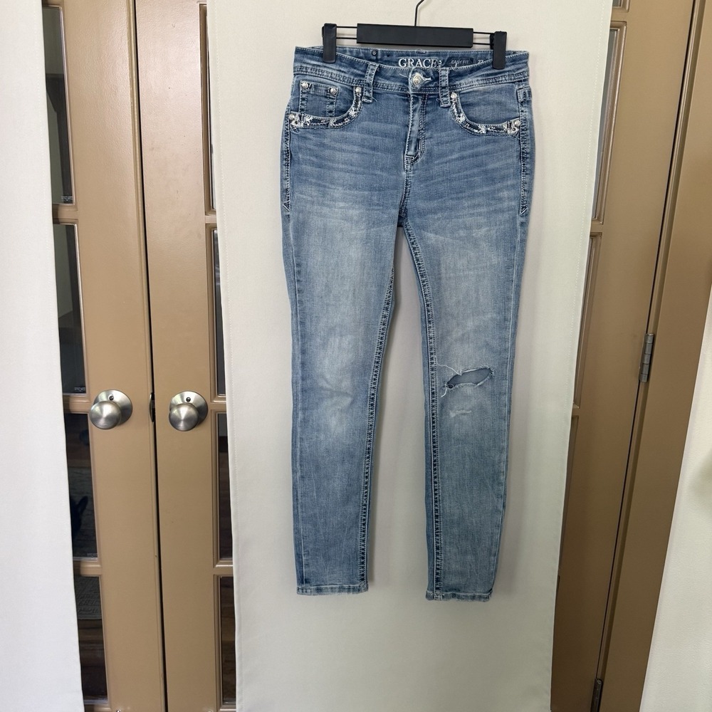 Grace In LA Womens 27 Blue Medium Wash Mid Rise Rhinestone Skinny Jeans
